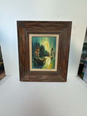 H Kanisch Vintage Mid-Century Oil Painting Chinese Junk Boats Signed